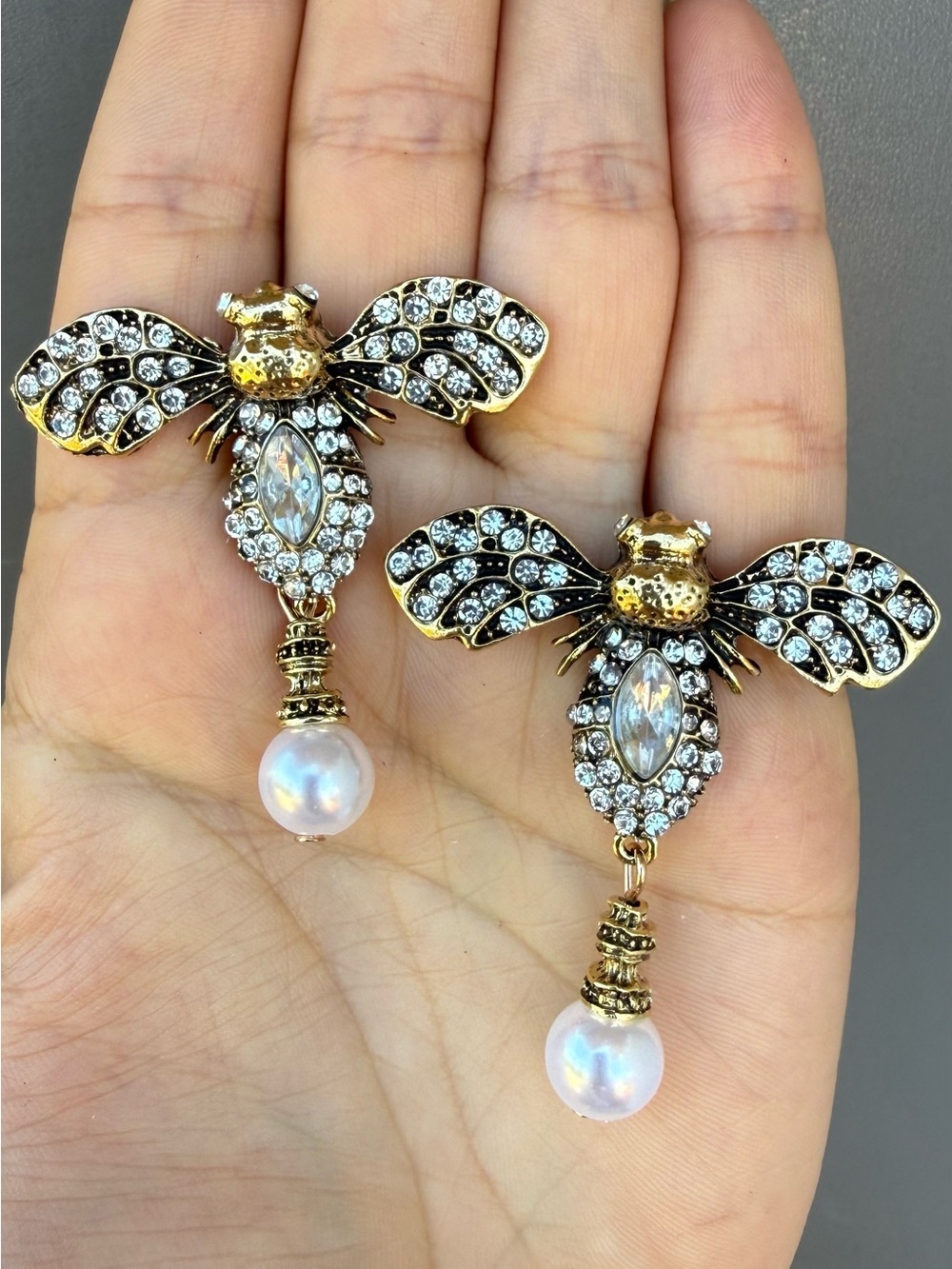 Gold Crystal Bee Drop Earrings with Pearl Dangle - Picture 4 of 4
